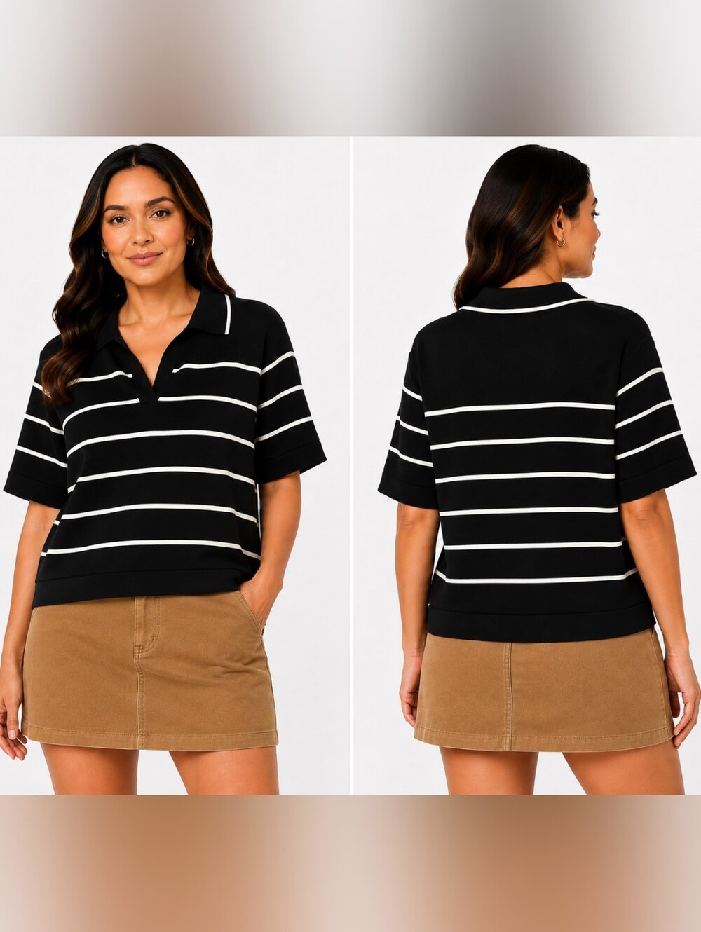 Marc Jacobs Black White Striped Knit Polo Top Size Large Stretch Short Sleeve